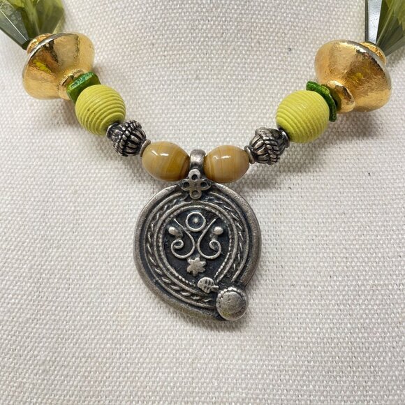 Beaded‎ Silver Pendant Necklace Green Gold Murano Glass Beaded - Picture 2 of 15